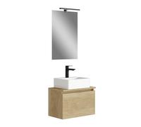 Baikal MAIA 280034330, Mueble de baño pequeño con Lavabo cerámico y Espejo con Aplique de luz LED, de una Puerta Abatible, Acabado en Color Nature, de fácil montado, Medidas: 50 x 34 x 30 cm