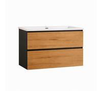 Baikal Mueble de Baño Lia. Mueble MONTADO. 2 Cajones Suspendido con Lavabo Ceramico. Armario de Baño. Cierre Amortiguado. Altura 64cm. 80cm. Negro - Teka