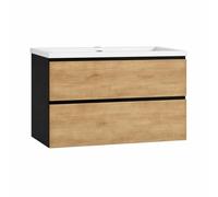 Baikal Mueble de Baño Lia. Mueble MONTADO. 2 Cajones Suspendido con Lavabo Ceramico. Armario de Baño. Cierre Amortiguado. Altura 64cm. 100cm. Negro - Nature