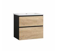 Baikal Mueble de Baño Lia. Mueble MONTADO. 2 Cajones Suspendido con Lavabo Ceramico. Armario de Baño. Cierre Amortiguado. Altura 64cm. 70cm. Negro - Nature