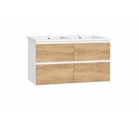 Baikal Mueble de Baño Lia. Mueble MONTADO. 4 Cajones Suspendido con Lavabo Ceramico. Armario de Baño. Cierre Amortiguado. Altura 64cm. 120cm. Blanco - Nature