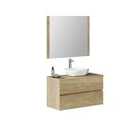 Baikal Mueble de Baño Onyx. Mueble MONTADO, Mueble 2 cajones. Mueble Baño con Lavabo. Mueble Suspendido. Armario de Pared. Lavabo Cerámico. Incluye Espejo. 90cm Nature.