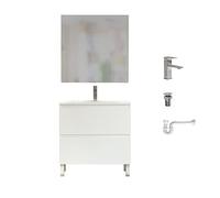 Baikal Pack solución Completa. Incluye: Mueble de Baño, Lavabo cerámico, Grifo, Sifón Extensible y Válvula de desagüe. Mueble MONTADO. Entrega Todo en uno. Puerta + Cajón con Espejo 80 cm Blanco