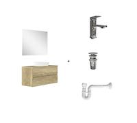 Baikal Pack solución Completa. Incluye: Mueble de Baño, Lavabo cerámico, Grifo, Sifón Extensible y Válvula de desagüe. Mueble MONTADO. Entrega Todo en uno. 2 Cajones con Espejo 120 cm Nature