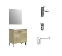 Baikal Pack solución Completa, Incluye: Mueble de Baño, Lavabo cerámico, Grifo, Sifón Extensible y Válvula de desagüe, Mueble MONTADO, Entrega Todo en uno, 2 Puertas con Espejo 80 cm Nature