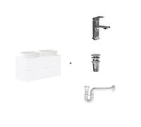 Baikal Pack solución Completa. Incluye: Mueble de Baño, Lavabo cerámico, Grifo, Sifón Extensible y Válvula de desagüe. Mueble MONTADO. Entrega Todo en uno. 2 Cajones Sin Espejo 60+60 cm Blanco