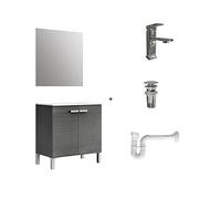 Baikal Pack solución Completa, Incluye: Mueble de Baño, Lavabo cerámico, Grifo, Sifón Extensible y Válvula de desagüe, Mueble MONTADO, Entrega Todo en uno, 2 Puertas con Espejo 80 cm Ceniza