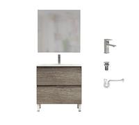 Baikal Pack solución Completa. Incluye: Mueble de Baño, Lavabo cerámico, Grifo, Sifón Extensible y Válvula de desagüe. Mueble MONTADO. Entrega Todo en uno. Puerta + Cajón con Espejo 80 cm Nebraska