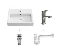 BAIKAL Pack solución para baño con lavabo y complementos. Incluye: lavabo cerámico, Grifo, Sifón extensible y Válvula de desagüe con rebosadero. Fácil instalación, se incluyen las instrucciones