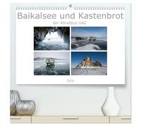 Baikalsee und Kastenbrot (hochwertiger Premium Wandkalender 2026 DIN A2 quer), Kunstdruck in Hochglanz: Der russische Allradbus UAZ im Winter auf dem Eis und der Insel Olchon unterwegs.