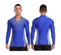 Baile Latino Mens Ballet Practice Dance Shirt V Neck Side Mesh Latin Bodysuit Ice Skating Dancewear for Tango Salsa Stage para Hombres(Dark Blue,XXL)