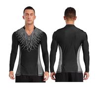 Baile Latino Mens Ballet Practice Dance Shirt V Neck Side Mesh Latin Bodysuit Ice Skating Dancewear for Tango Salsa Stage para Hombres(Black,L)