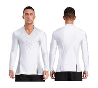 Baile Latino Mens Ballet Practice Dance Shirt V Neck Side Mesh Latin Bodysuit Ice Skating Dancewear for Tango Salsa Stage para Hombres(White,L)
