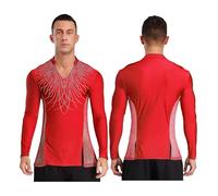Baile Latino Mens Ballet Practice Dance Shirt V Neck Side Mesh Latin Bodysuit Ice Skating Dancewear for Tango Salsa Stage para Hombres(Red,XXL)