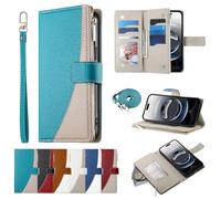 BAILI Cover de Cuero Tipo Billetera para Nokia C12 Plus con Correa para la muñeca, Soporte y Tarjetero, Funda de Bolsillo con Cremallera para Nokia C12 Plus-Azul-01