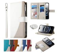 BAILI Cover de Cuero Tipo Billetera para Nokia C12 Pro con Correa para la muñeca, Soporte y Tarjetero, Funda de Bolsillo con Cremallera para Nokia C12 Pro-Blanco