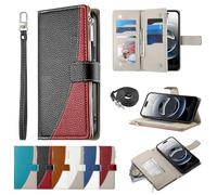 BAILI Cover de Cuero Tipo Billetera para Nokia C12 Pro con Correa para la muñeca, Soporte y Tarjetero, Funda de Bolsillo con Cremallera para Nokia C12 Pro-Negro