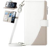 BAILI Cover de Cuero Tipo Billetera para Realme C75/V60 pro/14X con Correa para la muñeca, Soporte y Tarjetero, Funda de Bolsillo con Cremallera para Realme C75/V60 pro/14X-Blanco