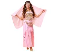 Baisdan Conjunto de 4 piezas para disfraz de danza del vientre, falda superior de lentejuelas, bufanda de cadera, bufanda para la cabeza, disfraz de carnaval, Halloween, color rosa