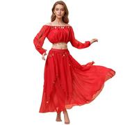 Baisdan Conjunto de disfraz de danza del vientre para mujer, ombliguera con falda de gasa para danza del vientre, trajes de carnaval, color rojo