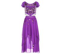 Baisdan Conjunto de disfraz de danza del vientre para mujer, top corto con lentejuelas y falda de gasa para danza del vientre, trajes de carnaval, color morado