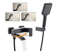 BAITUJIE Grifos de baño negros con ducha, grifo mezclador de bañera de baño de cascada, interruptor giratorio de 90° con cabezal de ducha de mano