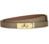 baizhong Cinturón de cuero delgado clásico de aleación de color sólido con bloqueo giratorio para mujer, cinturón de cuero ajustable delgado, (marrón verde/dorado), talla única
