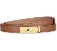 baizhong Cinturón de cuero delgado clásico de aleación de color sólido con bloqueo giratorio para mujer, cinturón de cuero ajustable delgado, (caramelo/dorado), talla única