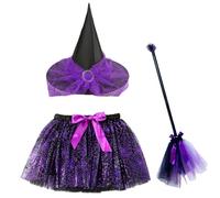 Bajbumgn Disfraz de bruja de Halloween Niños, disfraces bruja para niñas con vestido tutú, sombrero brujas, escoba, traje d-e vestimenta d-e tul para niños para la mascarada cosplay fiesta halloween