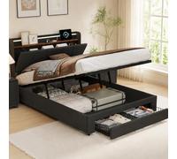 BAJKNIU Cama Doble Tapizada de 160x200 cm, Cama Baúl Hidráulica, Iluminación LED y Puerto USB, 2 Cajones de Almacenamiento, Somier de Láminas, Sin Colchón, Gris Oscuro