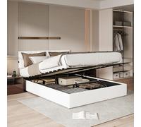 BAJKNIU Cama hidráulica de 140 x 200 cm, cama doble acolchada con USB, cama de 140 x 200 cm con compartimento de almacenamiento y cabecero, cama LED con baúl y somier de láminas, forro polar Teddy