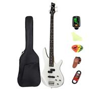 Bajo eléctrico de 4 cuerdas, tamaño 4/4, bajo PJ, kit completo para principiantes, músicos aficionados y estudiantes, con funda, correa, púas, afinador y cable de guitarra. IB (Blanco)
