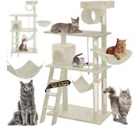BAKAJI 2822586 Árbol rascador para Gatos de sisal y Peluche, caseta suspendida, 142 x 74.5 x 40 cm, Beige
