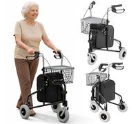 BAKAJI Andador de 3 ruedas para personas mayores, discapacitados, personas con movilidad reducida, walker ergonómico con frenos y carro portatodo, bolsa portaobjetos con cremallera, estructura