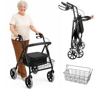 BAKAJI Andador para personas mayores plegable con asiento y cesta ligera y resistente que ahorra espacio, dispositivo de ayuda para personas con discapacidad, movilidad reducida con ruedas y frenos de