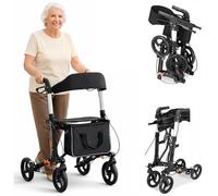 BAKAJI Andador plegable para ahorrar espacio con asiento para personas mayores, discapacitados y personas con movilidad reducida, Walker con bolsa y asas ergonómicas, asistencia con frenos y altura