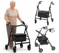 BAKAJI Andador plegable para ahorrar espacio con asiento para personas mayores, discapacitados y personas con movilidad reducida, andador con asas ergonómicas, asistencia con frenos y altura ajustable