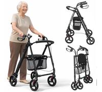 BAKAJI Andador plegable y ahorra espacio con asiento y bolsa de red portaobjetos, Walker Rollator con soporte para paraguas, ideal para personas mayores, discapacitados y personas con movilidad
