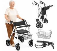 BAKAJI Andador Rollator con asiento, ruedas y frenos, ayuda para caminar para ancianos, discapacitados y personas con movilidad reducida, estructura ultraligera y plegable con altura ajustable