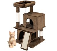 BAKAJI Árbol rascador para Gatos con 3 casetas de Refugio y 1 Bola, rascador para Mascotas Acolchado y Suave Juego de Juguete, Centro de Actividades multinivel trepadora, Altura 91,5 cm (marrón)