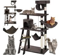 BAKAJI Árbol rascador para Gatos de sisal y Felpa, Parque de Juegos para Gato, con caseta Colgante, escondite, Postes y Plataformas, Dimensiones 142 x 74,5 x 40 cm (marrón)