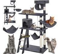 BAKAJI Árbol rascador para Gatos de sisal y Felpa, Parque de Juegos para Gato, con caseta Colgante, escondite, Postes y Plataformas, Dimensiones 142 x 74,5 x 40 cm (Gris)
