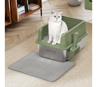 BAKAJI Arenero para Gatos XL Abierta con Base de Acero con Bolsa antiarena, Pala para Recogida, Alfombrilla antisuciedad, Base Antideslizante, Capacidad 25 litros, Color Verde, 50 x 35 x 30 cm