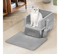 BAKAJI Arenero para Gatos XL Abierta con Base de Acero con Borde antiarena, Pala para Recogida, Alfombrilla antisuciedad, Base Antideslizante, Capacidad 25 litros, Color Gris, 50 x 35 x 30 cm