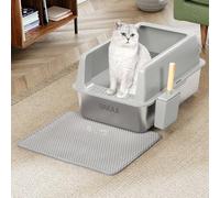 BAKAJI Arenero para Gatos XXL Abierto con Base de Acero, Borde antiarena, recogedor y Recipiente, Alfombrilla antisuciedad, Base Antideslizante, Capacidad 35 l, Color Gris, 60 x 40 x 30 cm