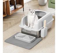 BAKAJI Arenero para gatos XXL con base de acero con borde y plataforma antiarena, pala para recoger con recipiente y alfombrilla antisuciedad, base antideslizante, capacidad 35 litros, 60 x 40 x 30 cm