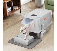 BAKAJI Arenero para gatos XXL con base de acero de 35 litros y plataforma antiarena, filtro de carbón antiolores, puerta transparente, pala con recipiente, alfombrilla antisuciedad 60 x 40 x 39 cm