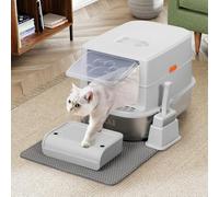 BAKAJI Arenero para gatos XXL con base de acero de 36 litros y plataforma antiarena, filtro de carbón antiolores, puerta transparente, pala con recipiente, alfombrilla antisuciedad, 58 x 42 x 40 cm