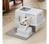 BAKAJI Arenero para Gatos XXL con Base de Acero Inoxidable de 35 litros y Escalera antiarena, Puerta Transparente con Bloqueo, Pala con Recipiente, Alfombrilla antisuciedad 60 x 40 x 39 cm