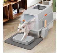 BAKAJI Arenero para Gatos XXL con Base de Acero Inoxidable de 35 litros y Puerta Transparente bloqueable, Plataforma Anti Arena, Pala con Recipiente y Alfombrilla antisuciedad, 40 x 60 x 39 cm